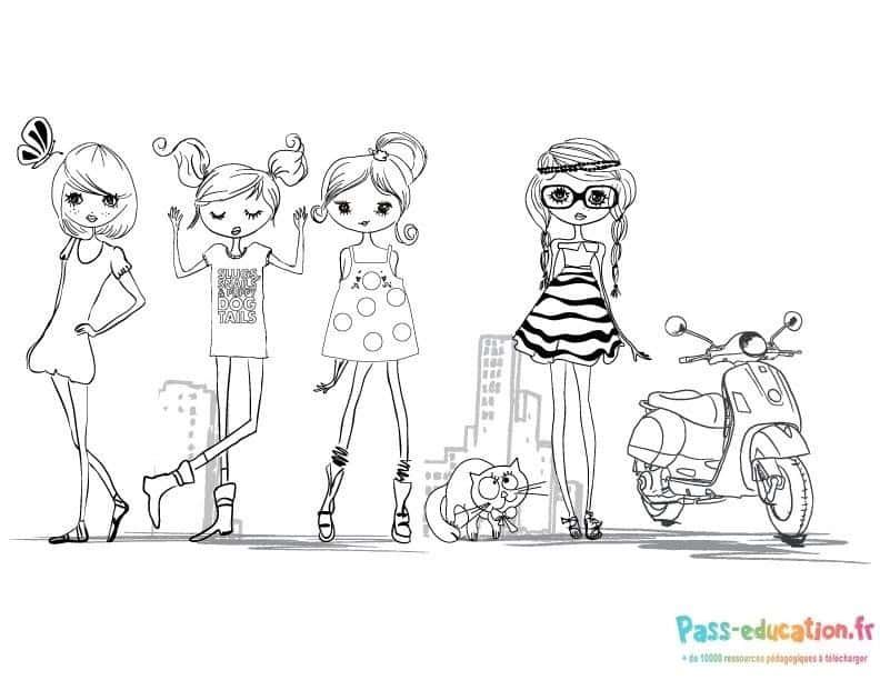 Coloriage Amies et scooter à imprimer et colorier