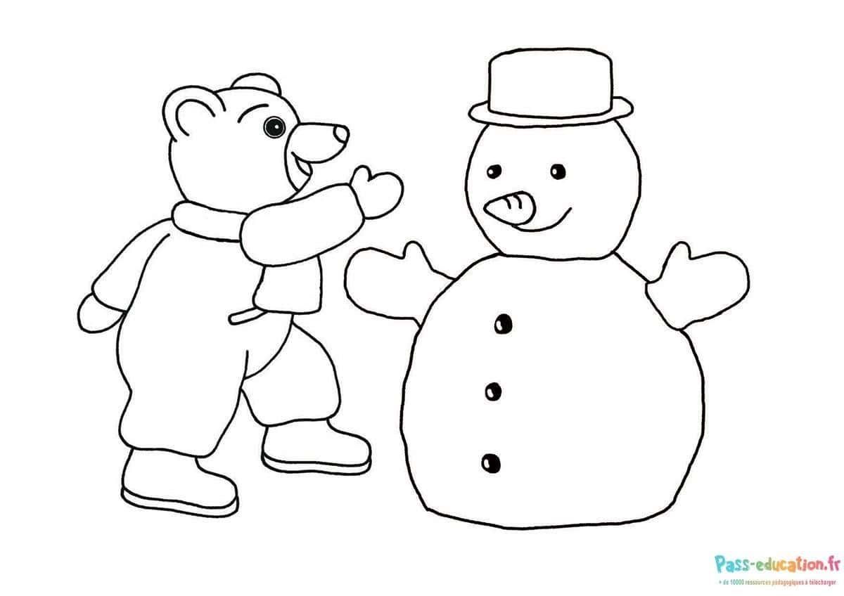 Coloriage Ours et bonhomme de neige à imprimer et colorier