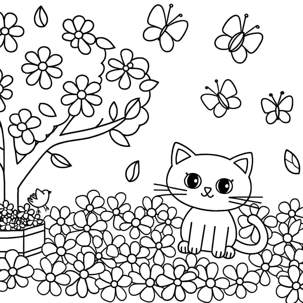 Coloriage Chat jardin fleuri à imprimer et colorier
