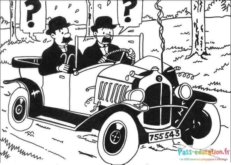 Coloriage Tintin et Milou en voiture à imprimer et colorier