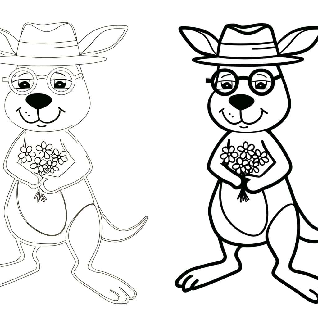 Coloriage Kangourou avec chapeau à imprimer et colorier