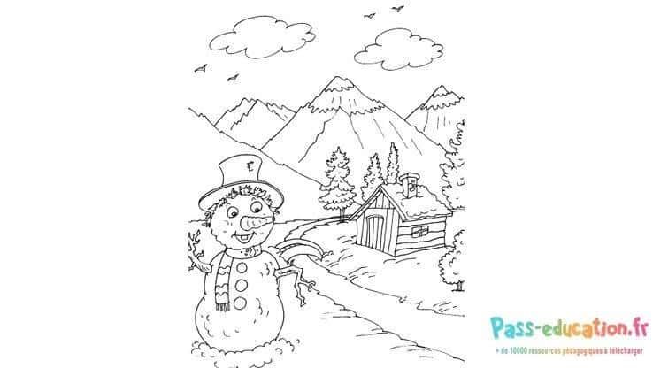 Coloriage Bonhomme de neige en montagne à imprimer et colorier