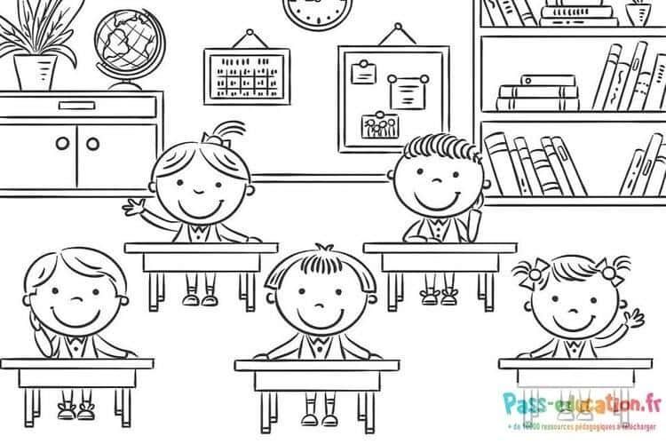 Coloriage Écoliers en classe à imprimer et colorier
