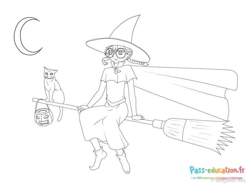 Coloriage Sorcière sur balai à imprimer et colorier