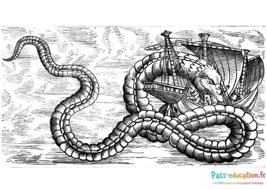 Coloriage Kraken attaquant un navire à imprimer et colorier