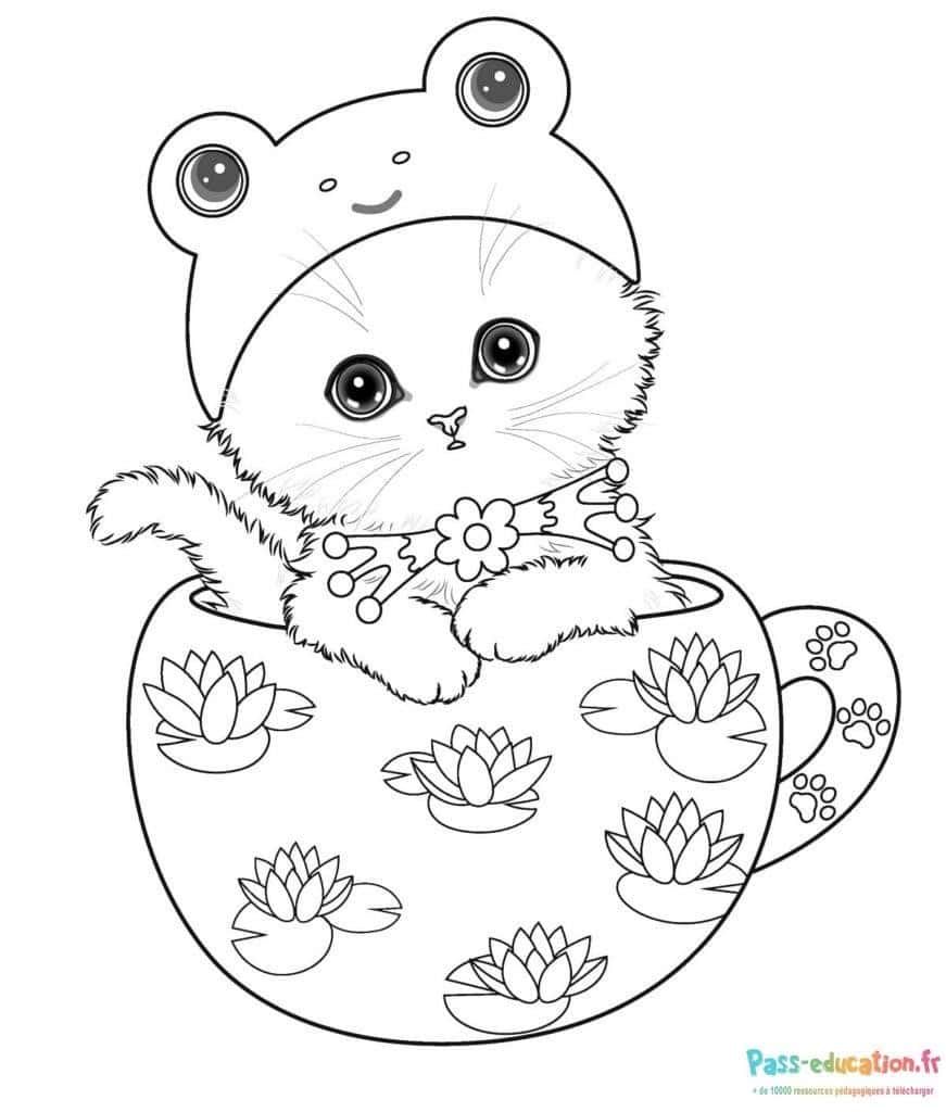 Coloriage Chaton en tasse à imprimer et colorier