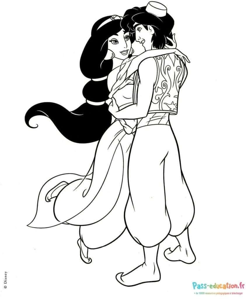 Coloriage Danse d'Aladdin et Jasmine à imprimer et colorier