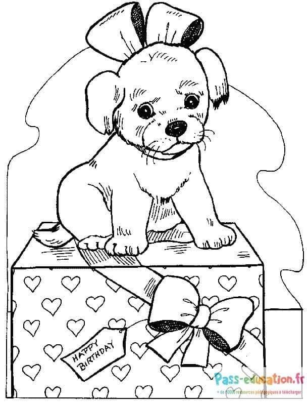 Coloriage Chiot cadeau anniversaire à imprimer et colorier