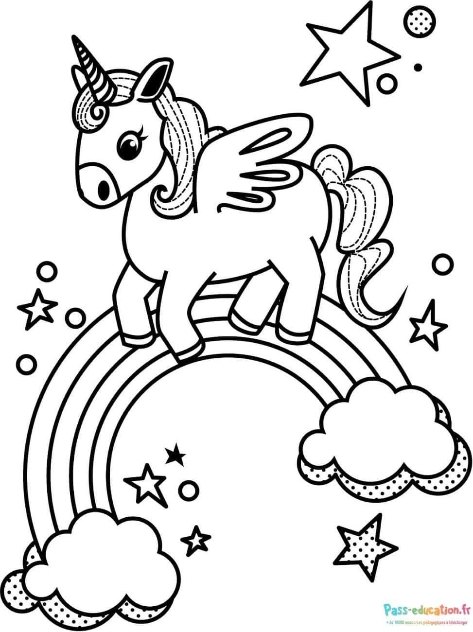 Coloriage Licorne sur arc-en-ciel à imprimer et colorier