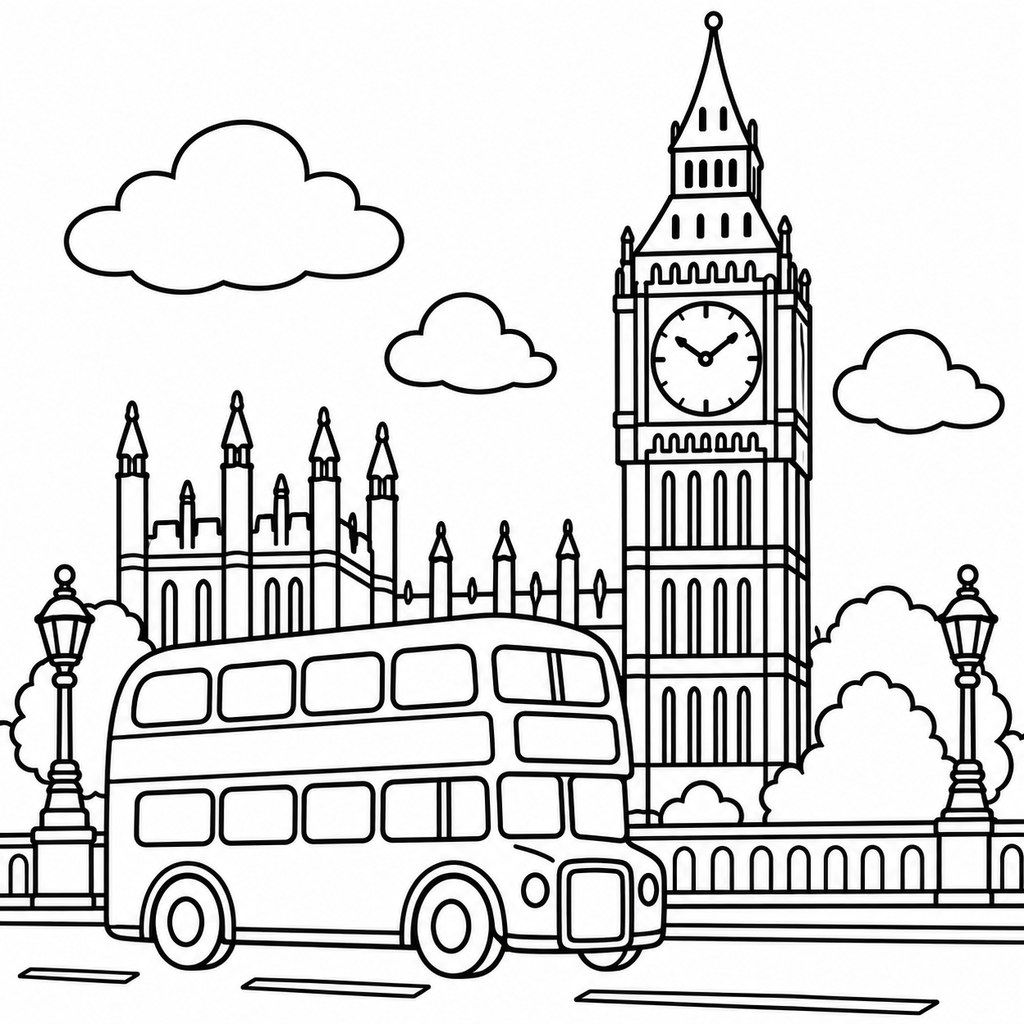 Coloriage Big Ben et bus à impériale à imprimer et colorier