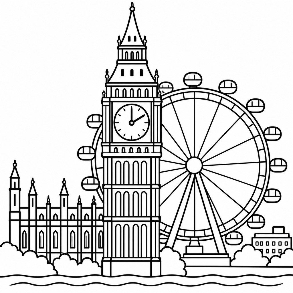 Coloriage Big Ben et la grande roue à imprimer et colorier