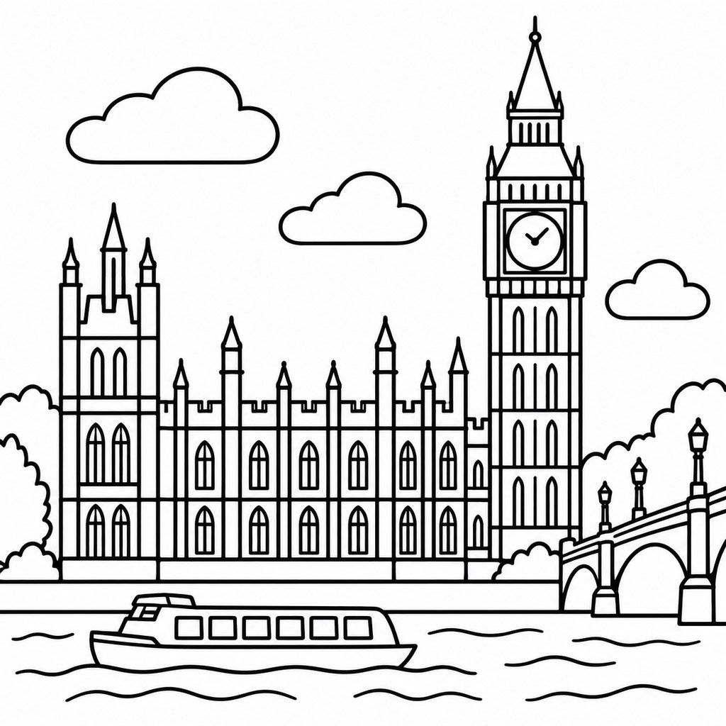 Coloriage Big Ben et la Tamise à imprimer et colorier
