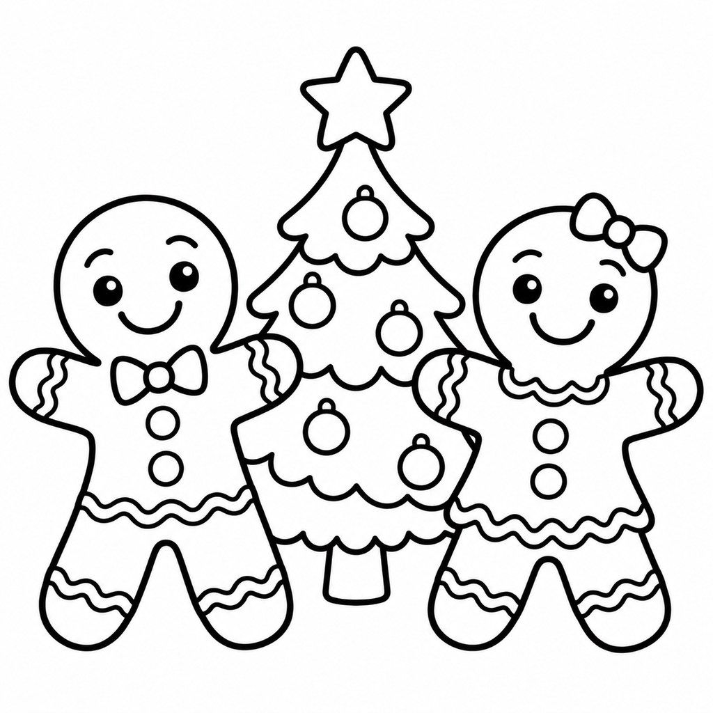 Coloriage Bonhommes en pain d'épice et sapin à imprimer et colorier