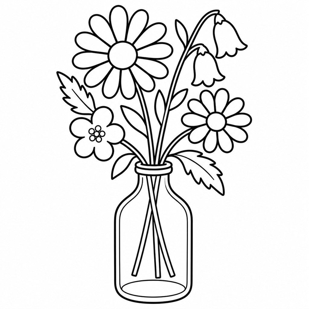Coloriage Bouteille de verre et fleurs à imprimer et colorier