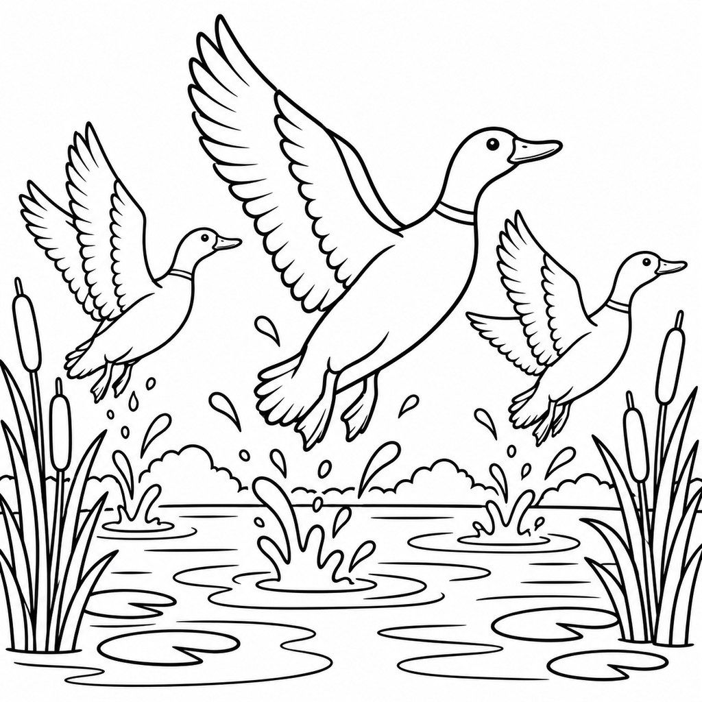 Coloriage Canards qui s'envolent de l'étang à imprimer et colorier