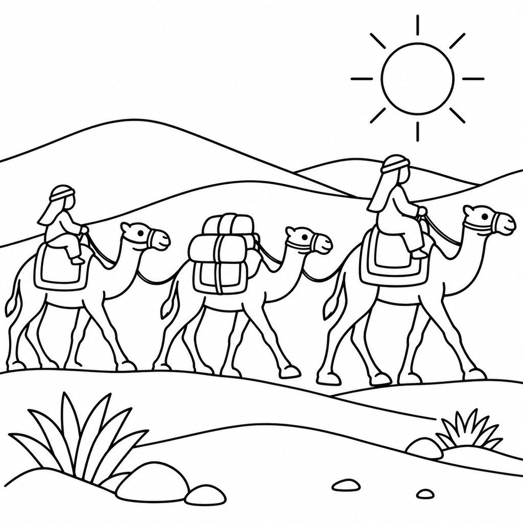 Coloriage Caravane de chameaux dans le désert à imprimer et colorier