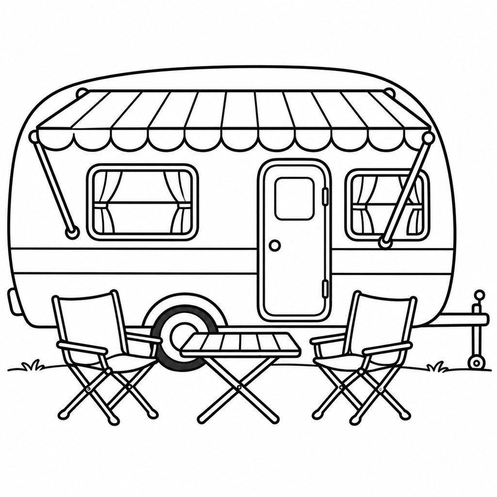 Coloriage Caravane vintage au camping à imprimer et colorier