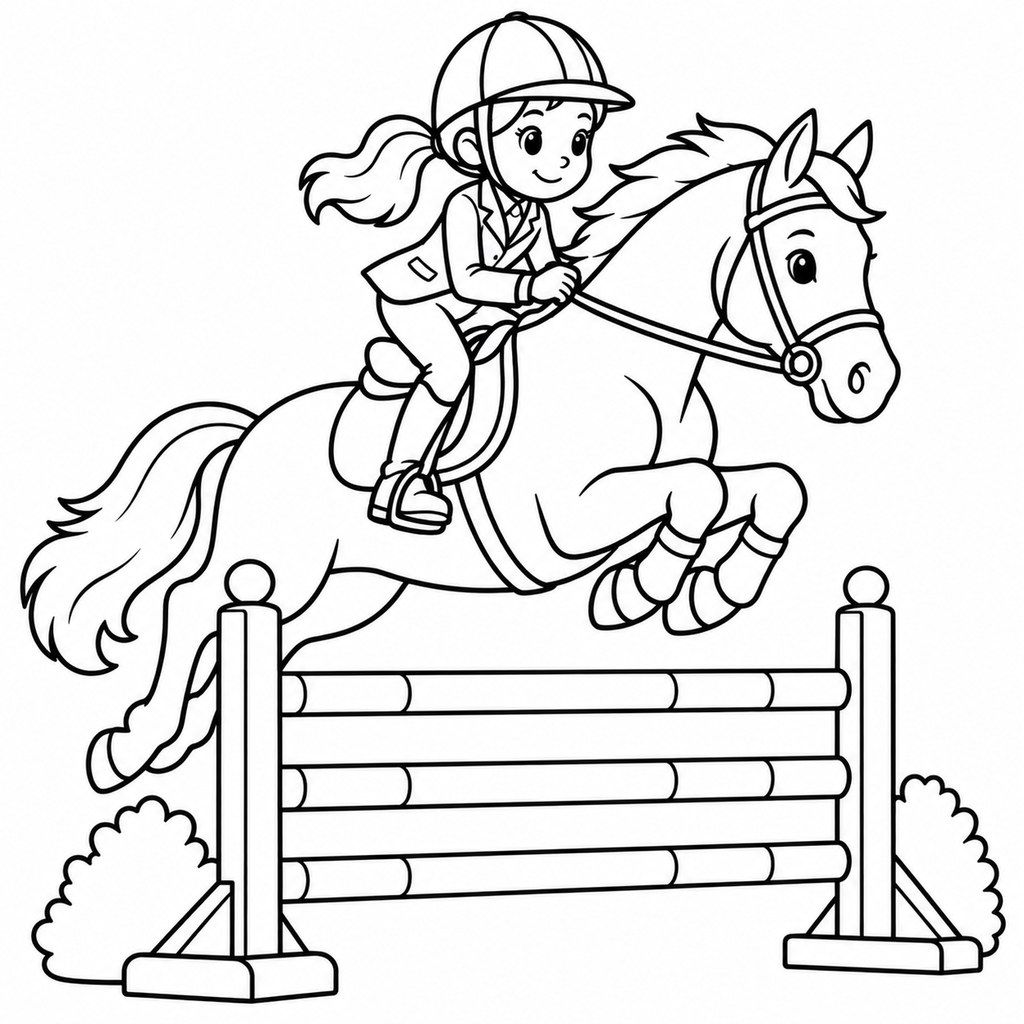 Coloriage Cavalière qui saute un obstacle à imprimer et colorier