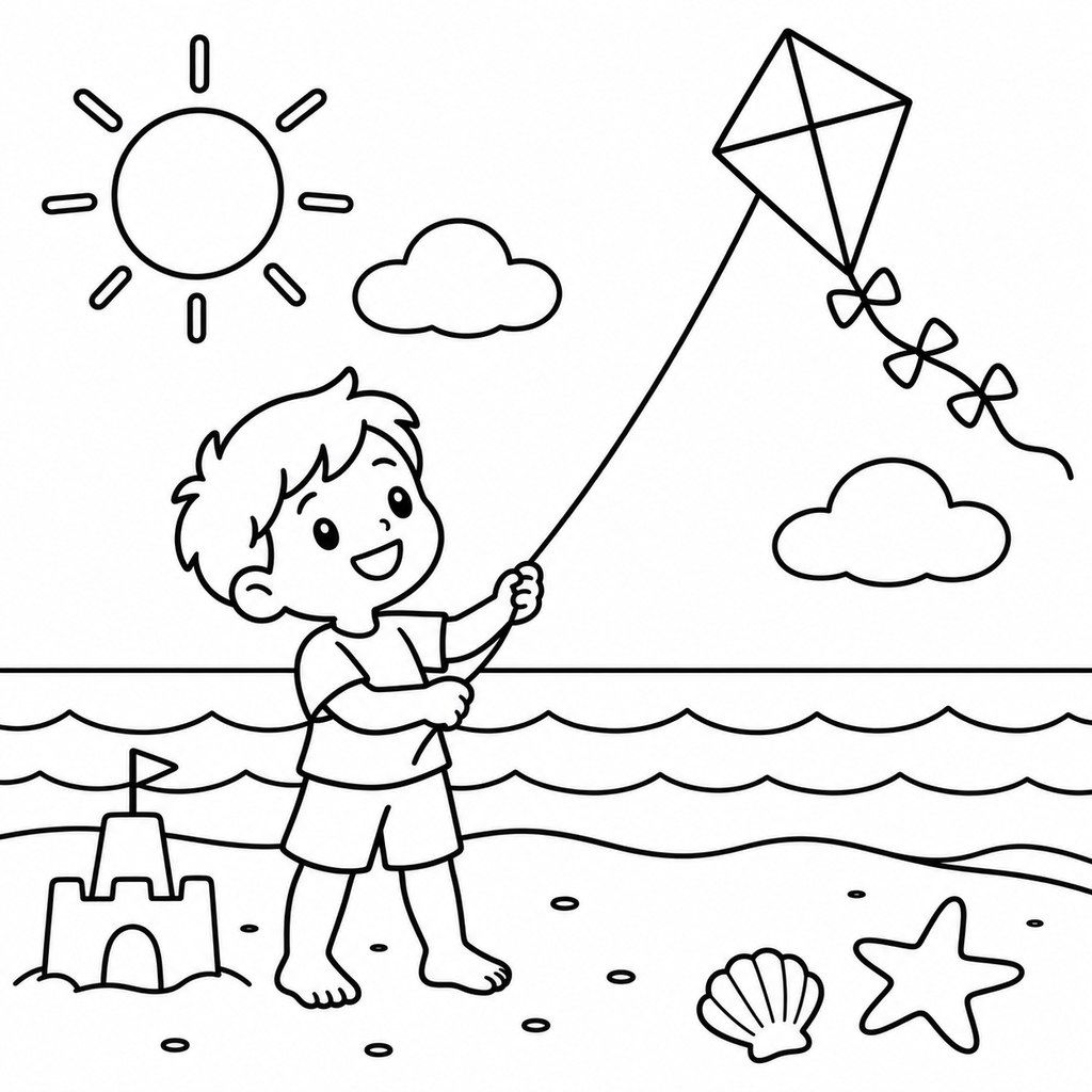 Coloriage Cerf-volant sur la plage à imprimer et colorier