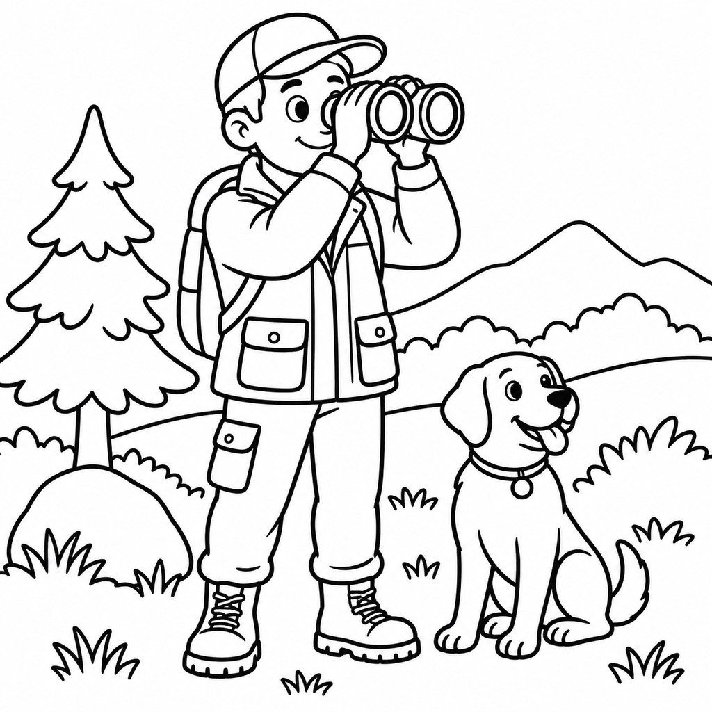 Coloriage Chasseur et son chien avec des jumelles à imprimer et colorier