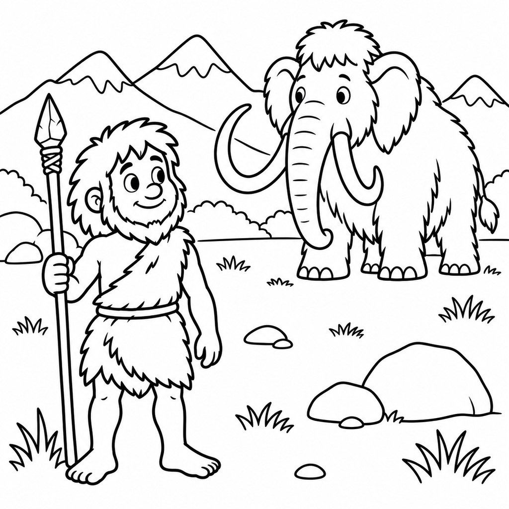 Coloriage Chasseur préhistorique et mammouth à imprimer et colorier