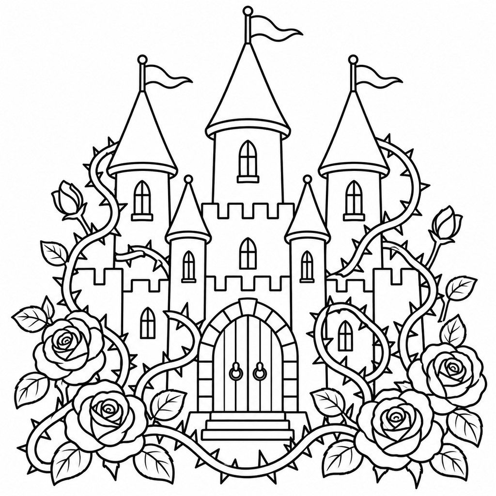 Coloriage Château entouré de ronces à imprimer et colorier