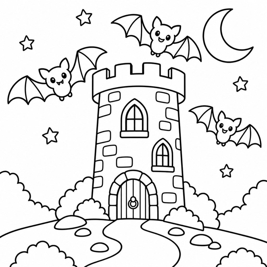 Coloriage Chauve-souris et château à imprimer et colorier