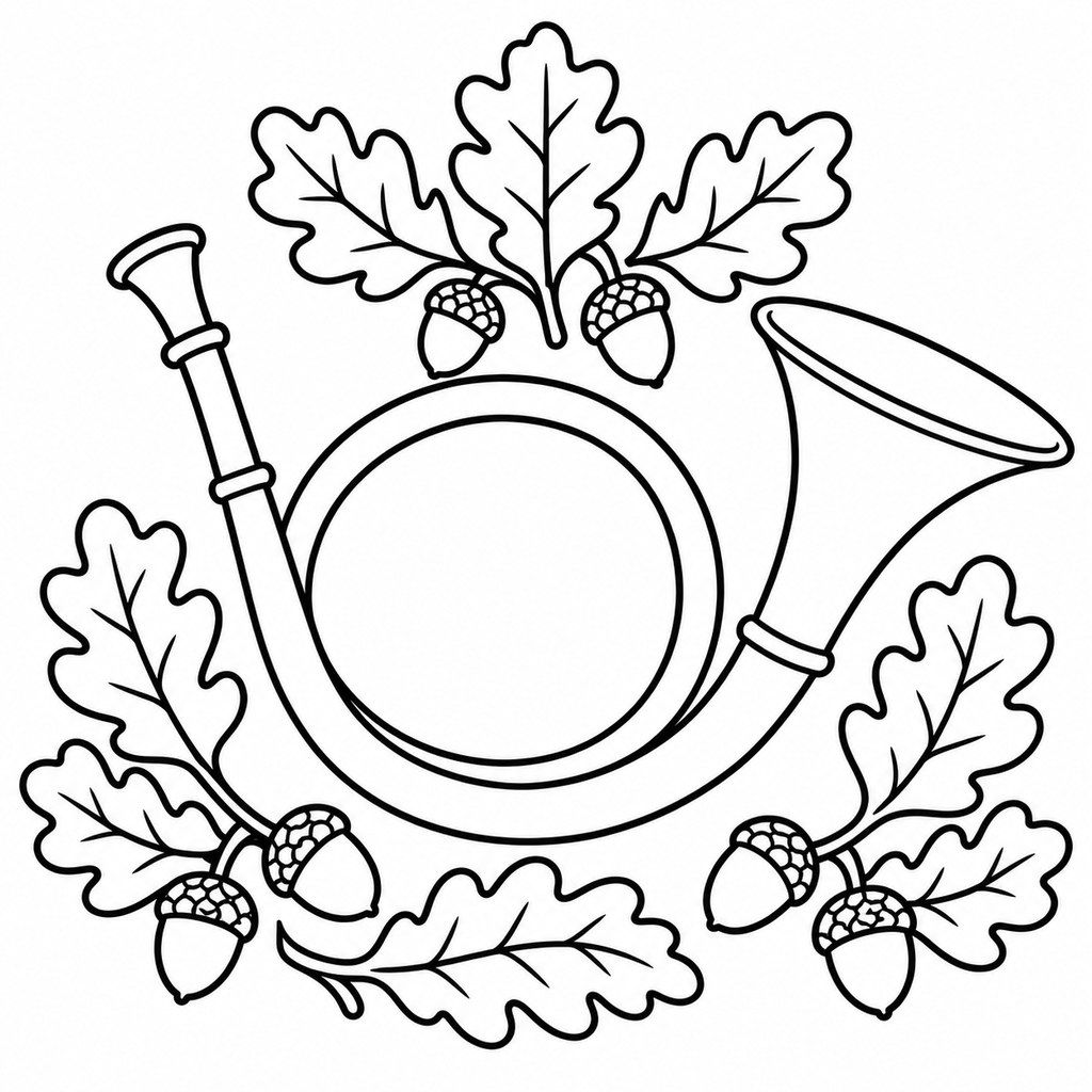 Coloriage Cor de chasse et feuilles de chêne à imprimer et colorier