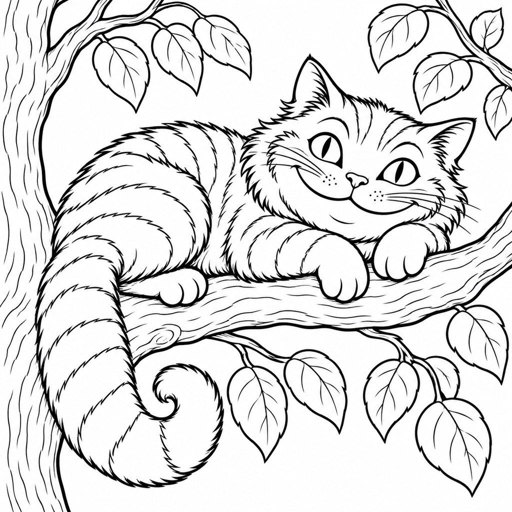 Coloriage Le chat qui sourit dans l'arbre à imprimer et colorier