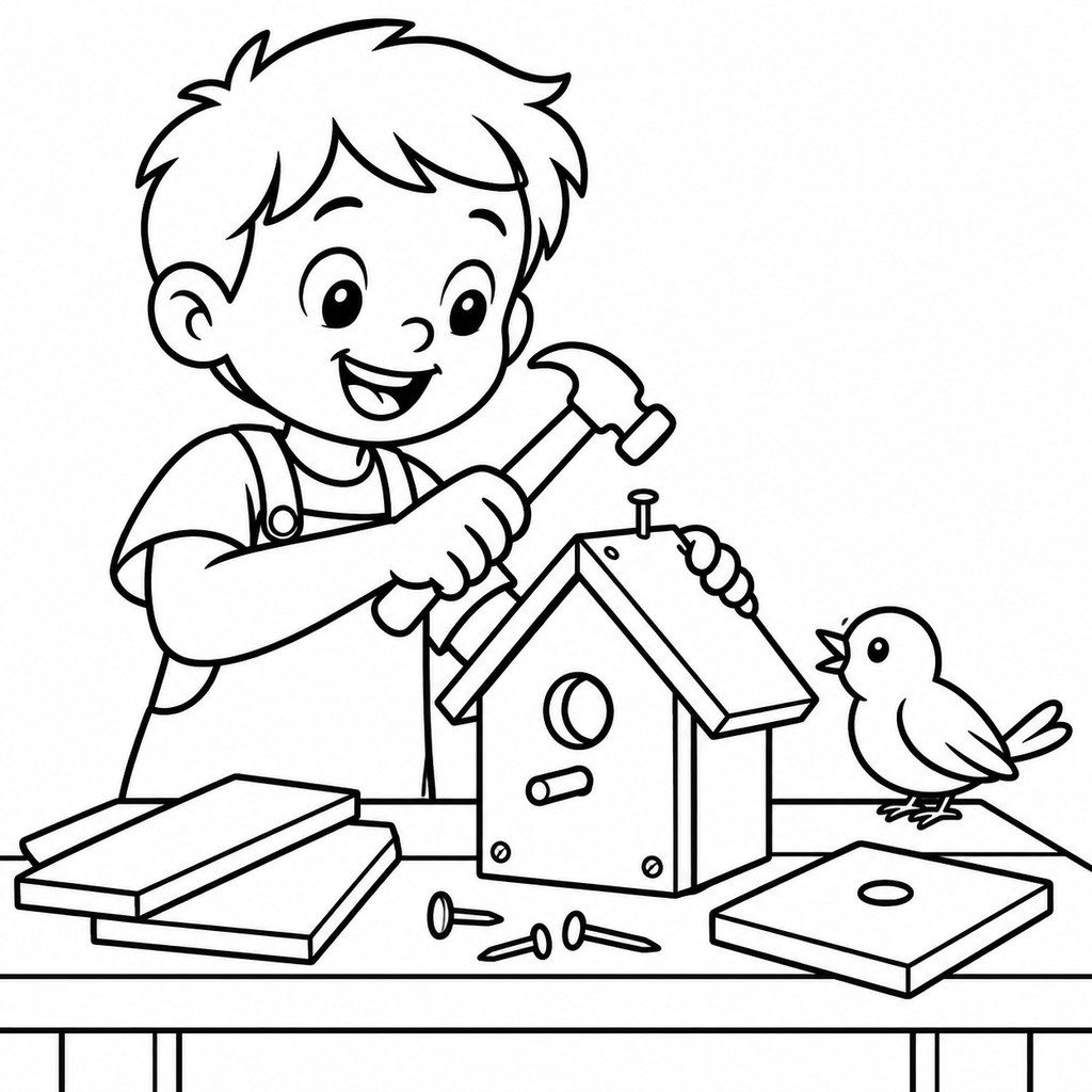 Coloriage Enfant qui fabrique un nichoir à imprimer et colorier