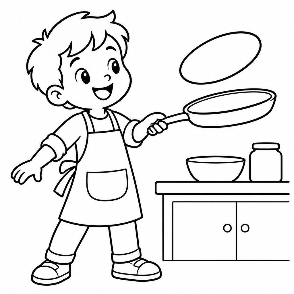 Coloriage Enfant qui fait sauter une crêpe à imprimer et colorier