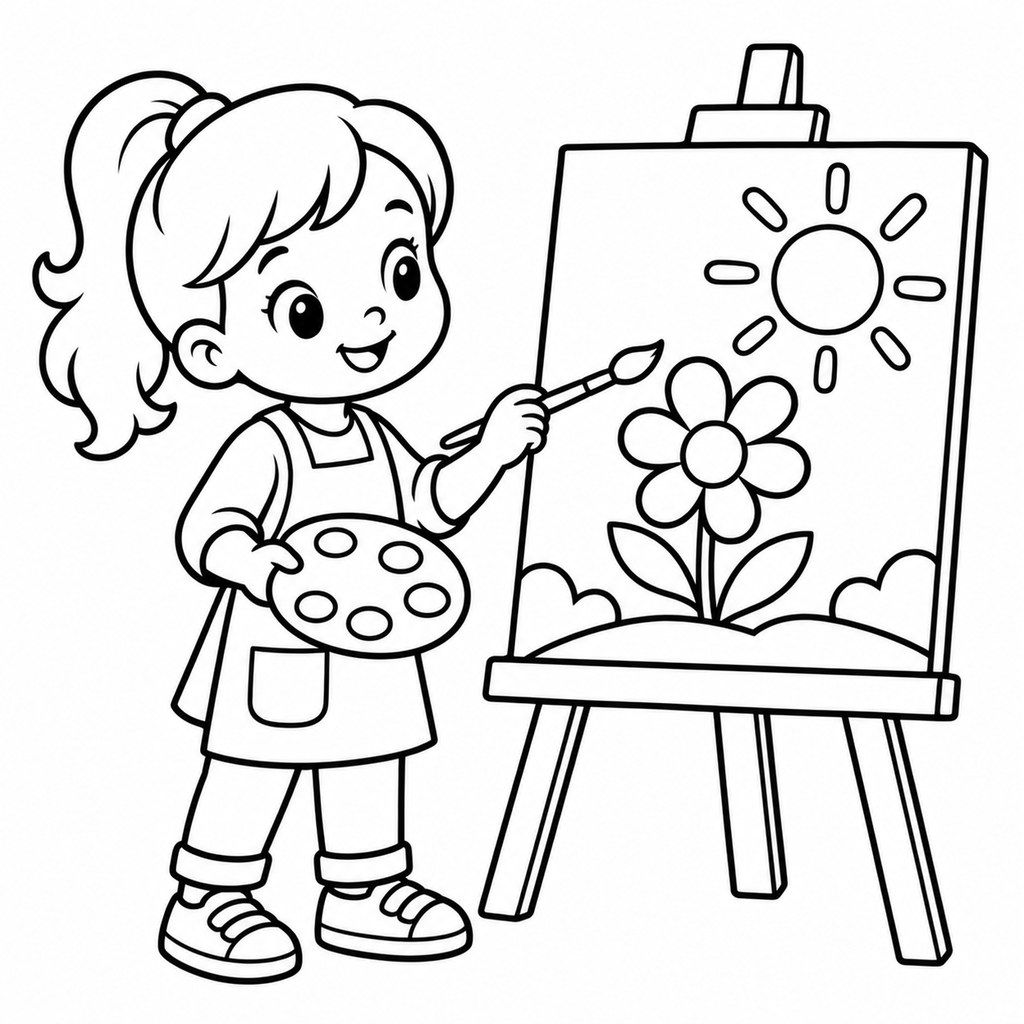 Coloriage Enfant qui peint sur un chevalet à imprimer et colorier