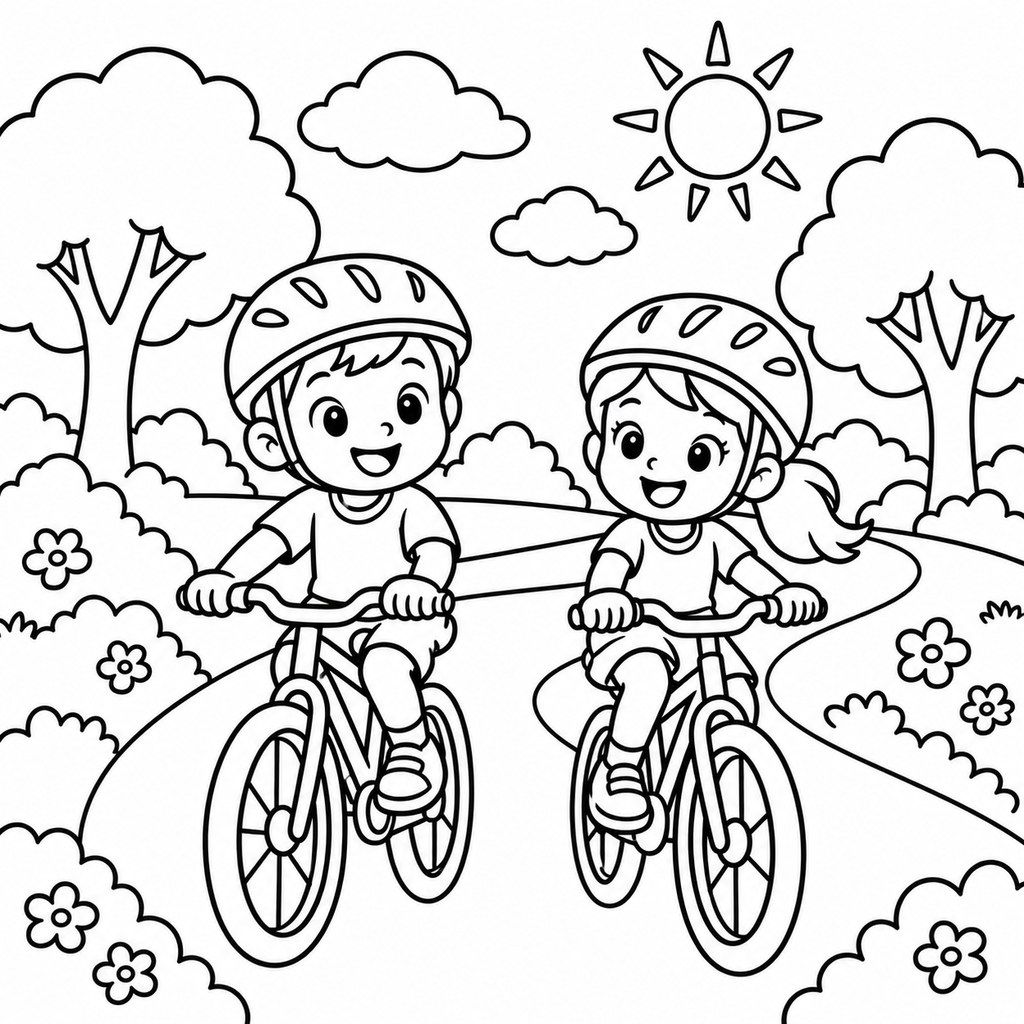 Coloriage Enfants à vélo à imprimer et colorier
