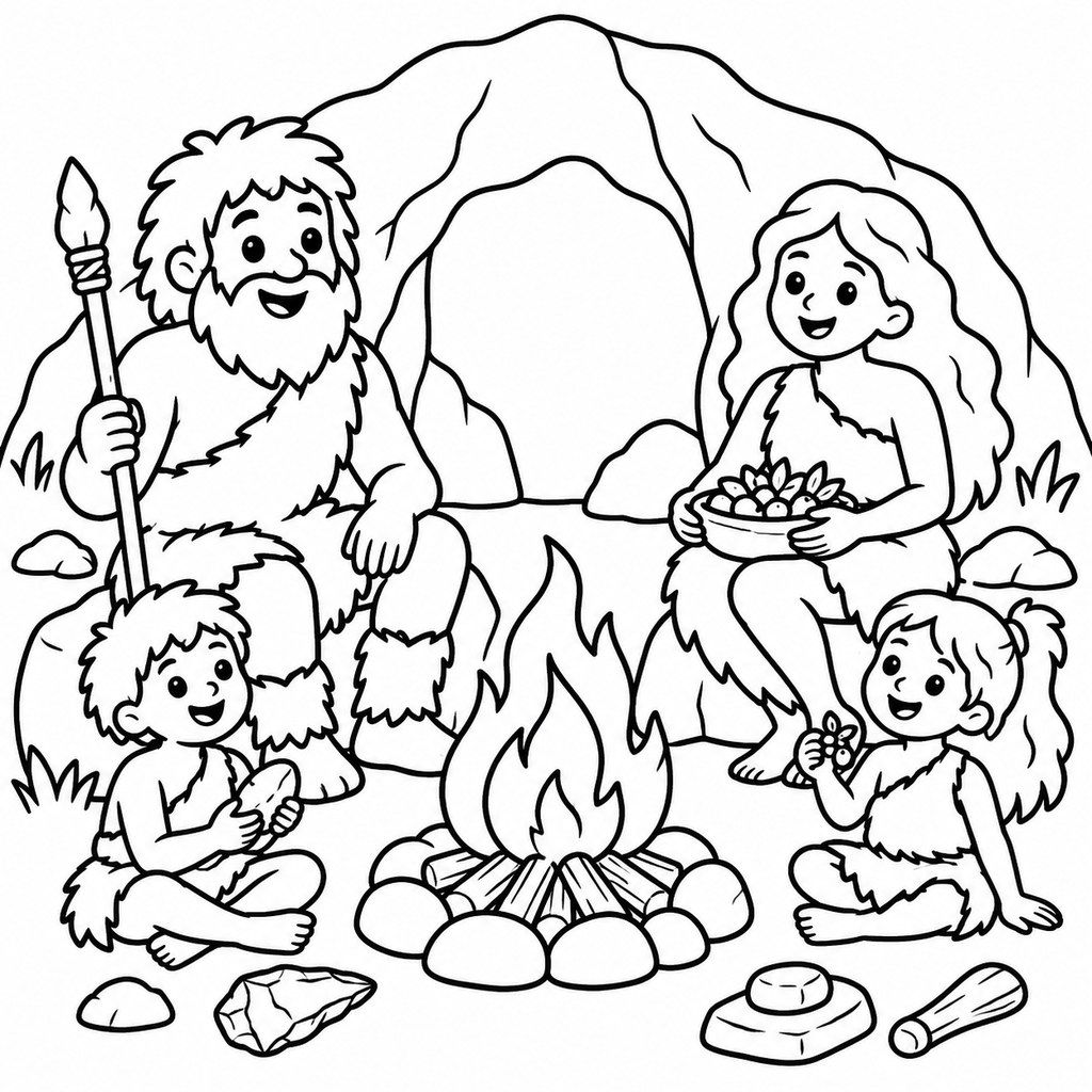 Coloriage Famille de chasseurs-cueilleurs à imprimer et colorier
