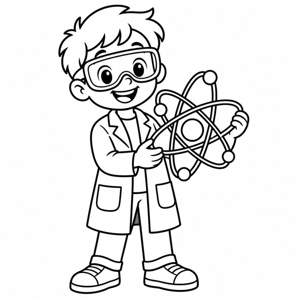 Coloriage Jeune scientifique et modèle d'atome à imprimer et colorier
