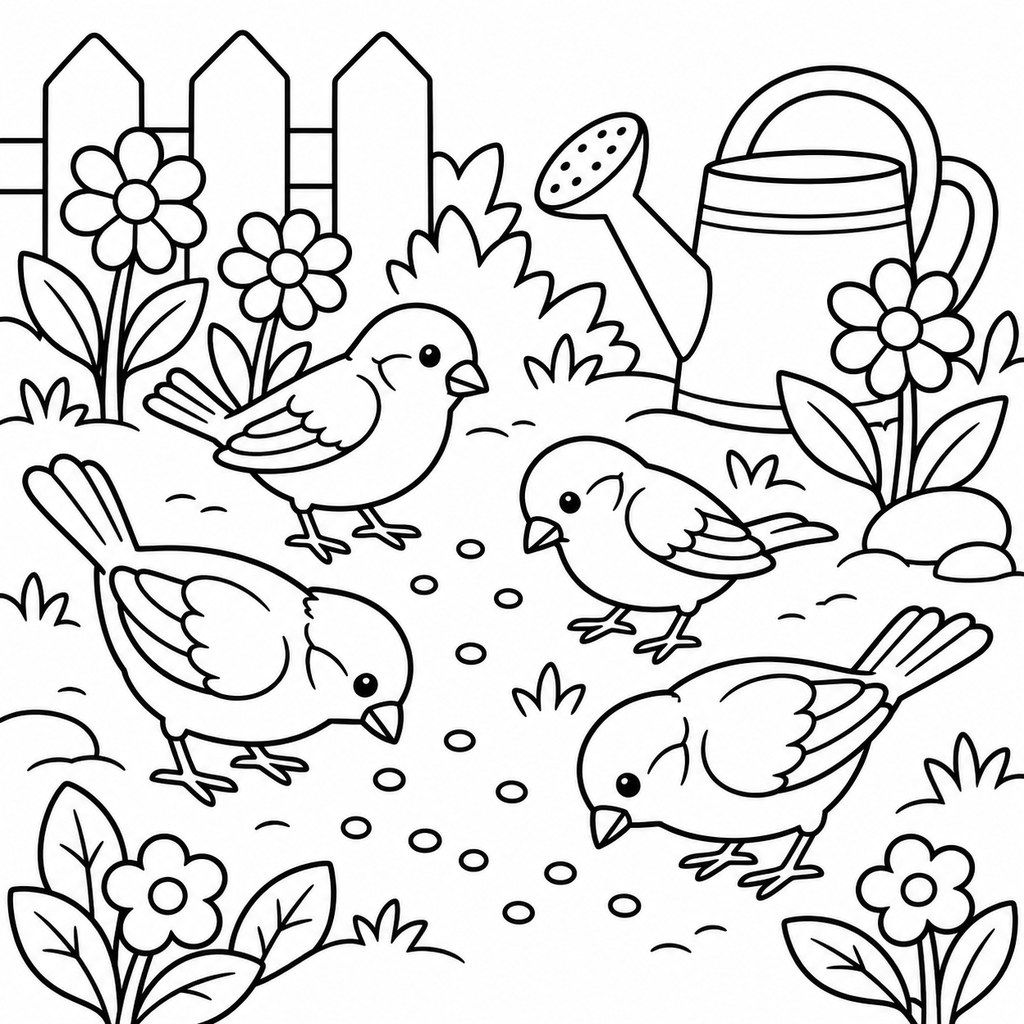 Coloriage Moineaux dans le jardin à imprimer et colorier