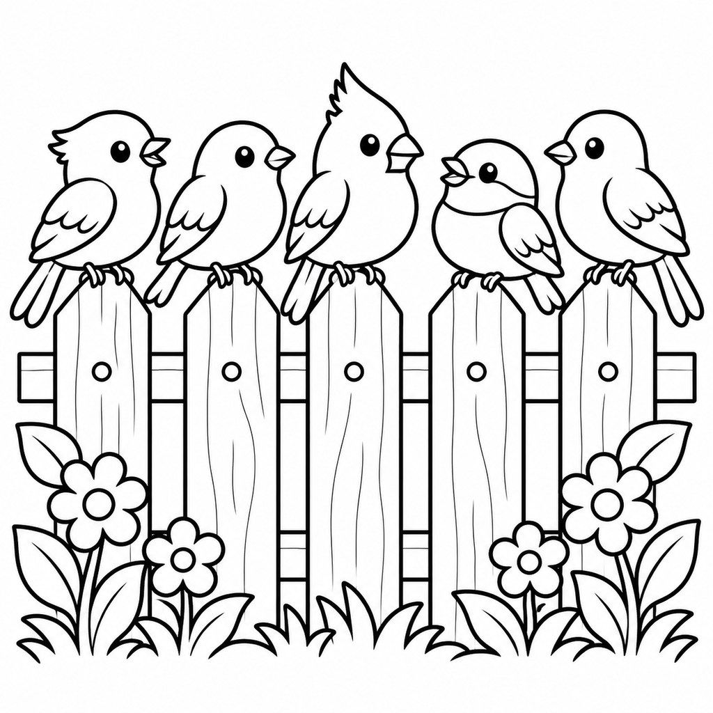 Coloriage Oiseaux du jardin sur une clôture à imprimer et colorier