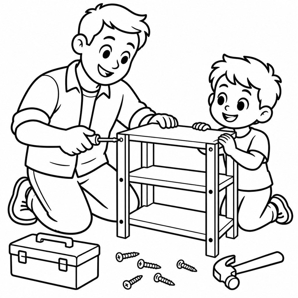 Coloriage Parent et enfant qui bricolent à imprimer et colorier