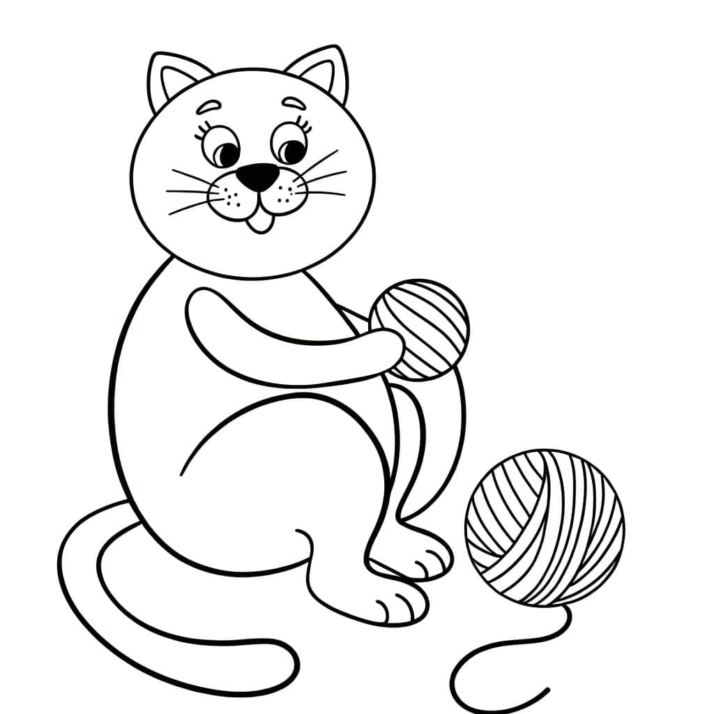 Coloriage Chat jouant avec pelotes à imprimer et colorier