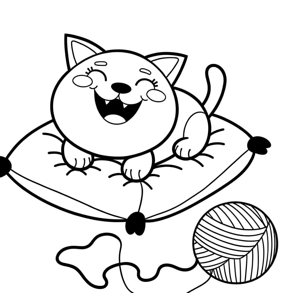 Coloriage Chat rigolo sur coussin à imprimer et colorier