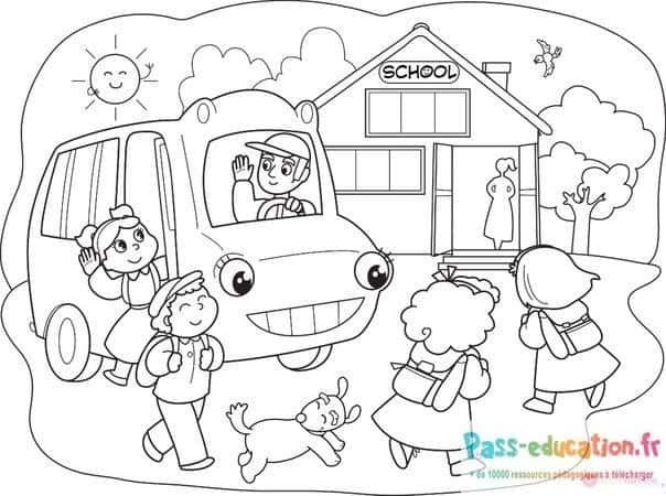 Coloriage Écoliers et bus scolaire à imprimer et colorier