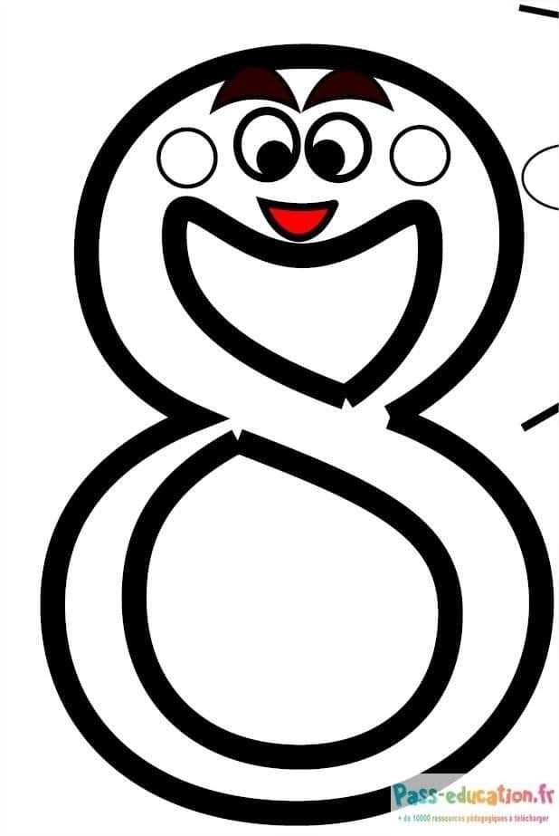 Coloriage Numéro 8 souriant à imprimer et colorier