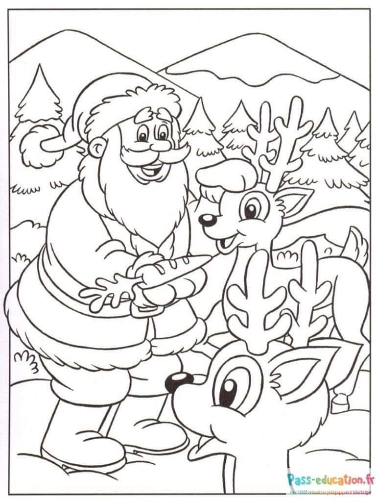 Coloriage Père Noël et rennes à imprimer et colorier