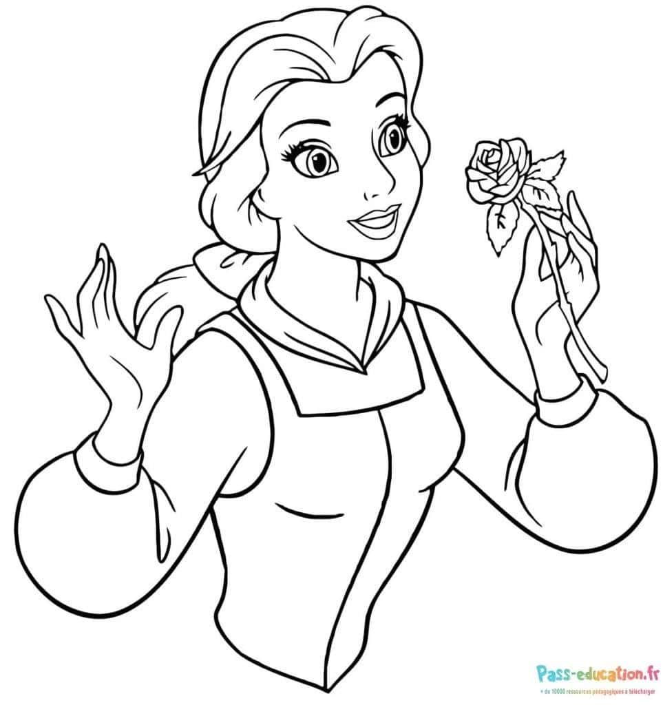 Coloriage Belle avec rose à imprimer et colorier