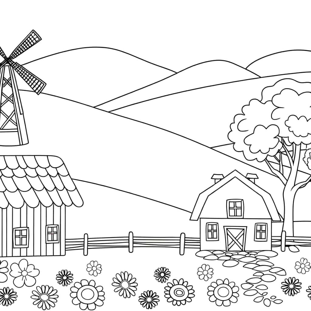 Coloriage Paysage de campagne à imprimer et colorier