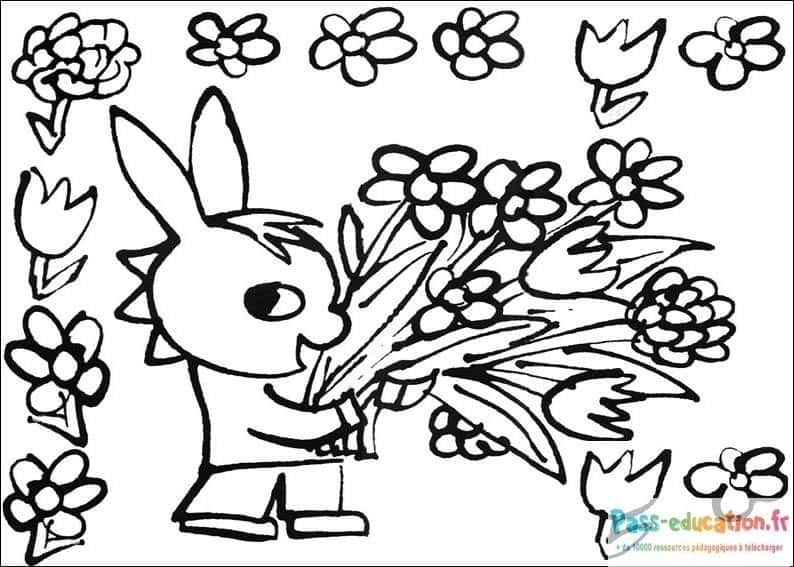 Coloriage Lapin cueille fleurs à imprimer et colorier