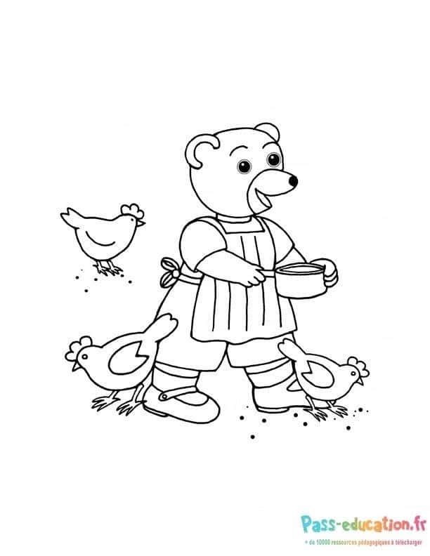 Coloriage Petit Ours Brun nourrit les poules à imprimer et colorier