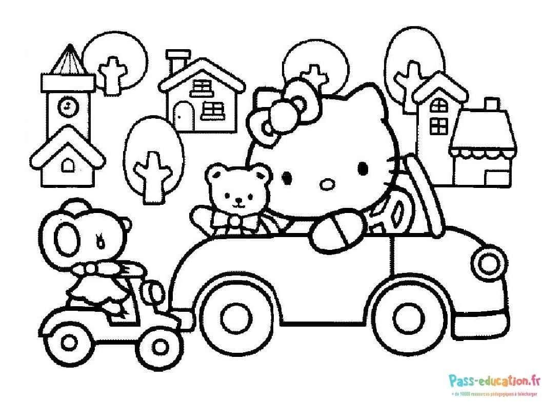 Coloriage Hello Kitty en voiture à imprimer et colorier