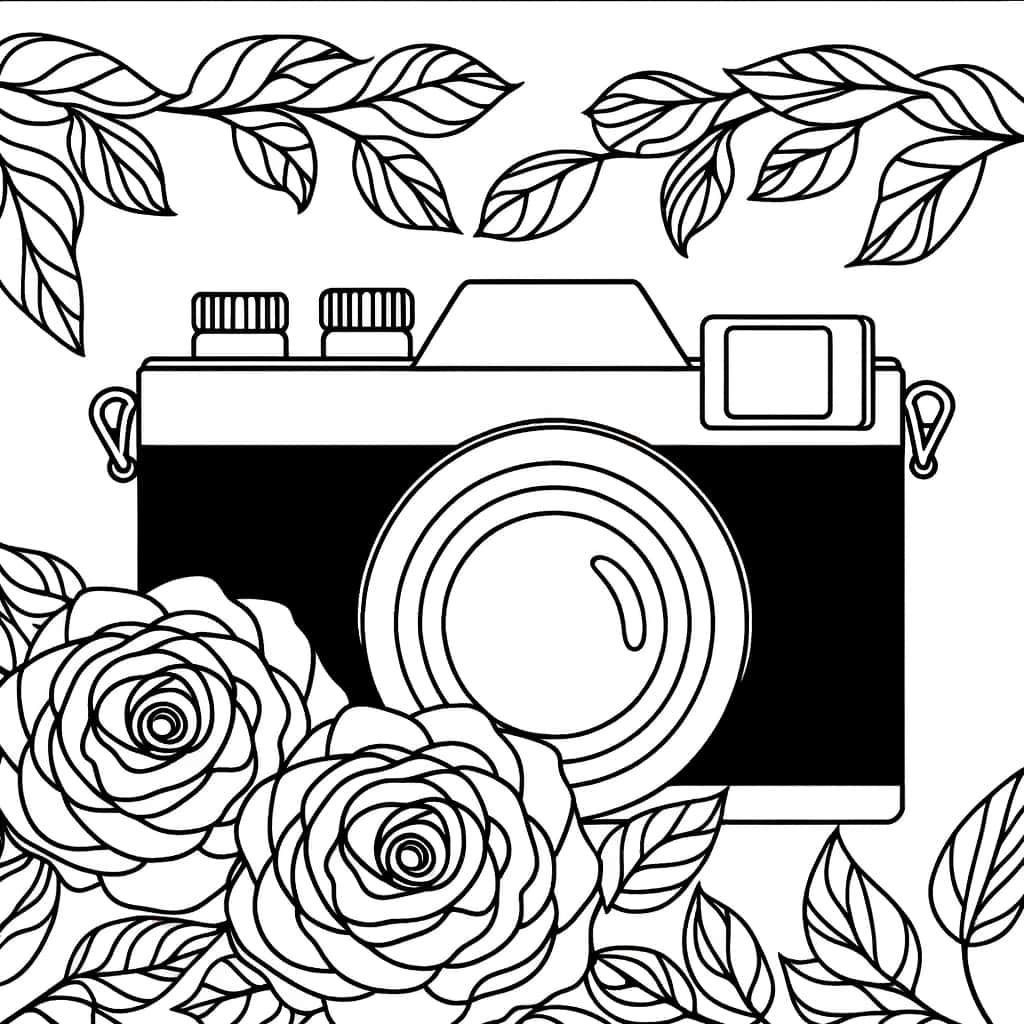 Coloriage Appareil photo et roses à imprimer et colorier
