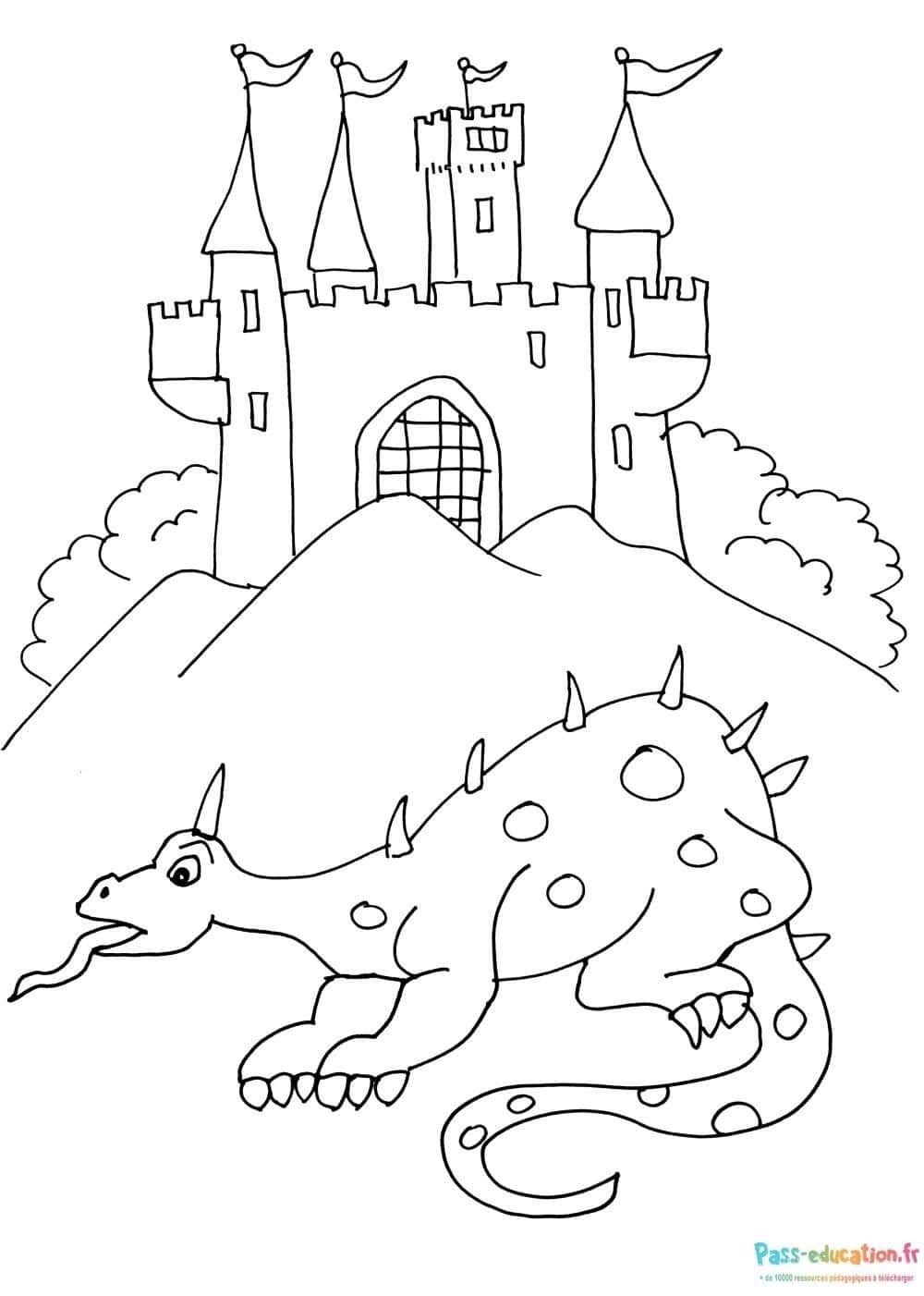 Coloriage Château et dragon à imprimer et colorier